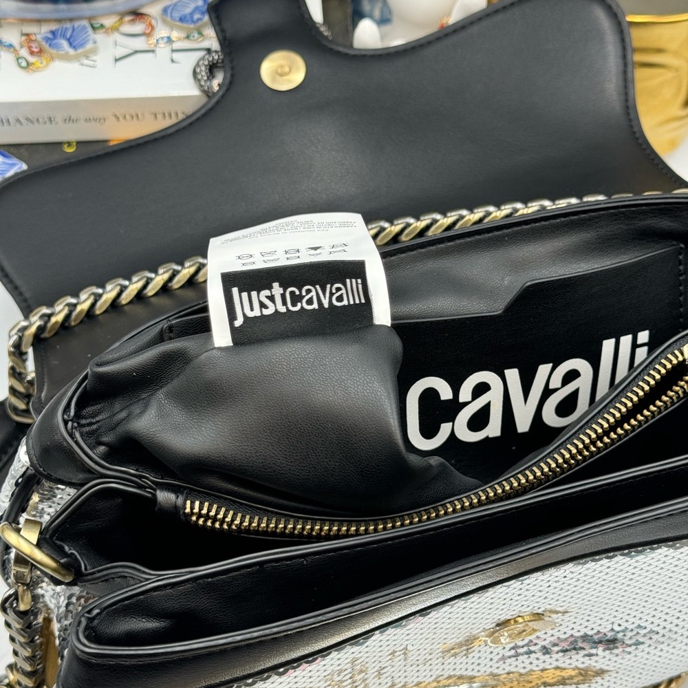 🆕 JUST CAVALLI 🧿 NWT Iconic Snakes Logo-Plaque Sequin Handbag - Picture 11 of 15